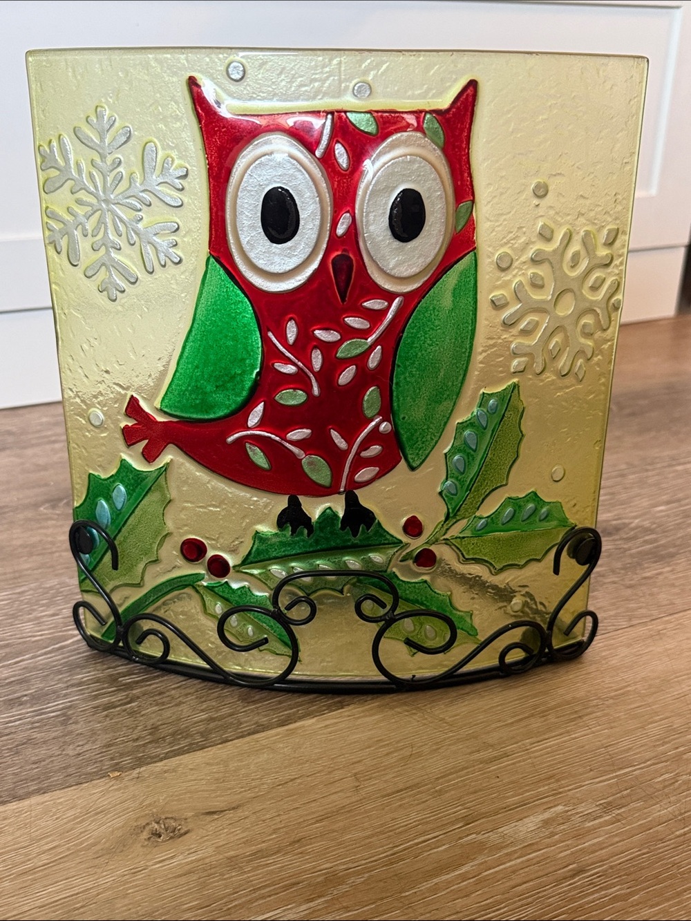 Pfaltzgraff Happy Owliday Glass Christmas Candle Holder Plate Wrought Iron Stand